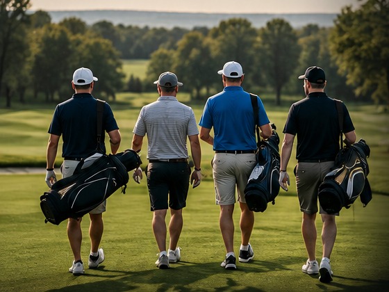 A group of golfers walking together on the golf course